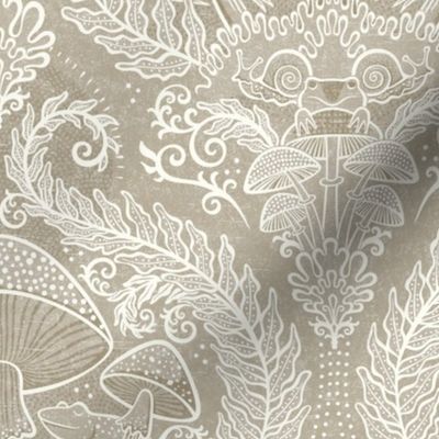 Frogs and Mushrooms Damask- Magic Forest- Ferns- Snails- Toads- Cottagecore- Arts and Crafts- Victorian- Hollywood Regency- Beige- Light Neutral Earth Tones- Small