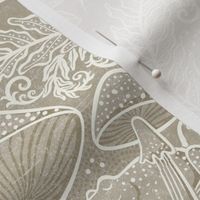 Frogs and Mushrooms Damask- Magic Forest- Ferns- Snails- Toads- Cottagecore- Arts and Crafts- Victorian- Hollywood Regency- Beige- Light Neutral Earth Tones- Small