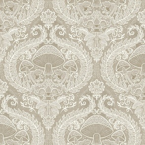 Frogs and Mushrooms Damask- Magic Forest- Ferns- Snails- Toads- Cottagecore- Arts and Crafts- Victorian- Hollywood Regency- Beige- Light Neutral Earth Tones- Small