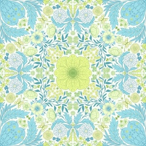 Retro garden party wallpaper in blue and yellow