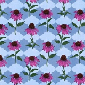 Small Pink Magenta Cone Flowers on Blue Quatrefoil Canvas