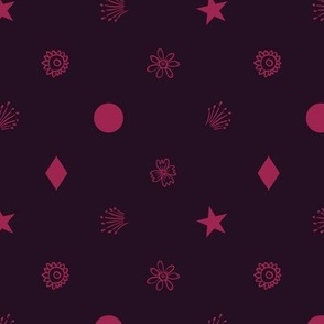 Small (M) outlined flowers, rhombus, circles, stars, fireworks in polka dot design - bright raspberry pink on dark eggplant violet