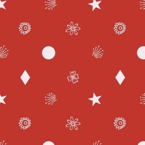 Small (M) outlined flowers, rhombus, circles, stars, fireworks in polka dot design - white on bright red
