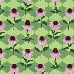 Small Blush Pink Cone Flowers on Green Quatrefoil Canvas
