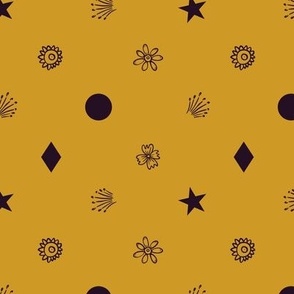 Small (M) outlined flowers, rhombus, circles, stars, fireworks in polka dot design - black on saffron yellow