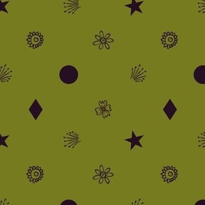 Small (M) outlined flowers, rhombus, circles, stars, fireworks in polka dot design - black on bright kelly green
