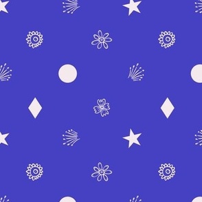 Small (M) outlined flowers, rhombus, circles, stars, fireworks in polka dot design - white on blue