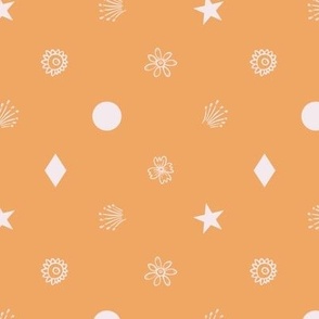 Small (M) outlined flowers, rhombus, circles, stars, fireworks in polka dot design - white on apricot orange