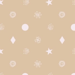 Small (M) outlined flowers, rhombus, circles, stars, fireworks in polka dot design - white on beige