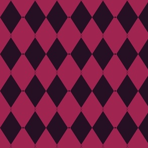 Harlequin print (M) of two-tone rhombus with elegant dot and cross - dark eggplant violet and rich raspberry pink
