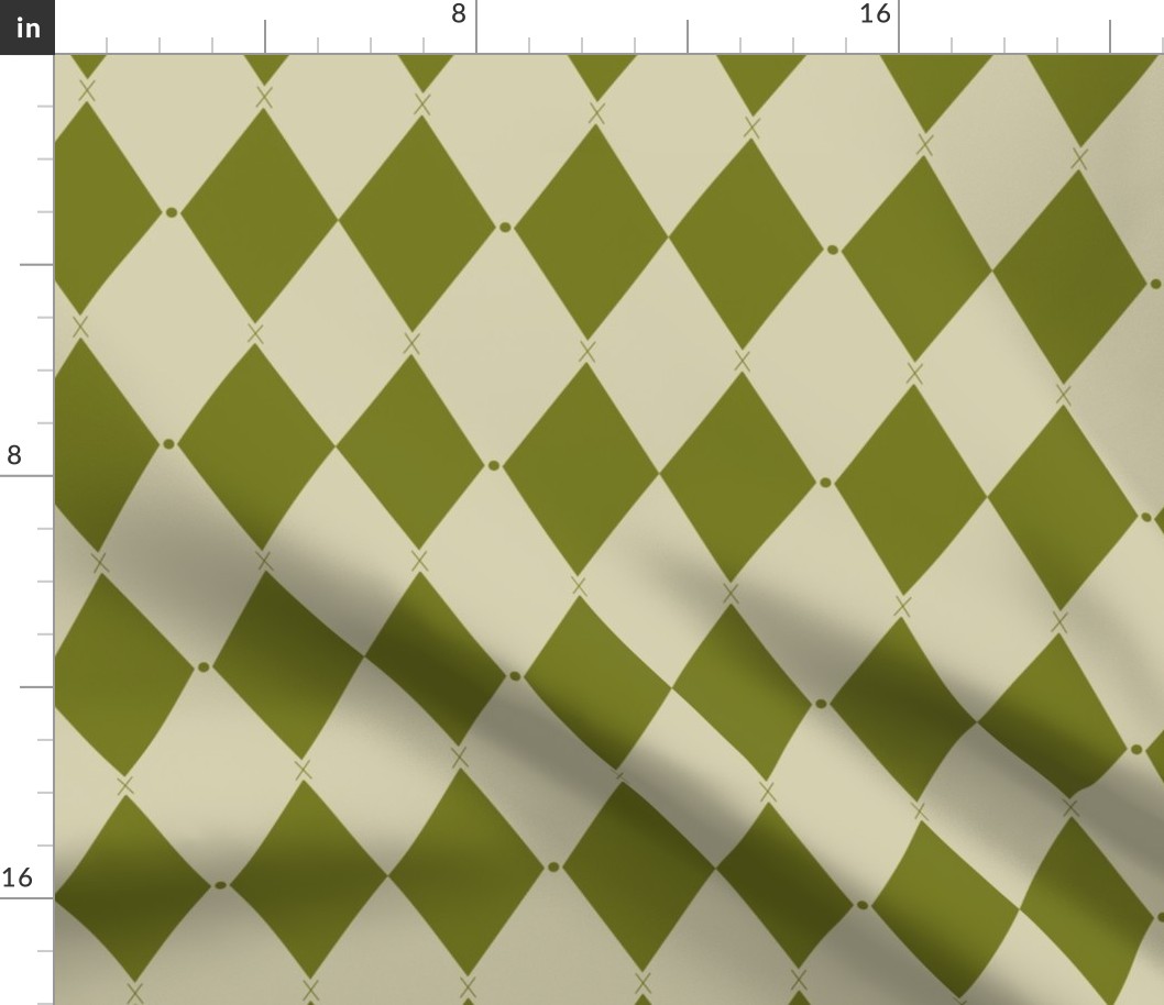 Harlequin print (M) of two-tone rhombus with elegant dot and cross - bright green and light green