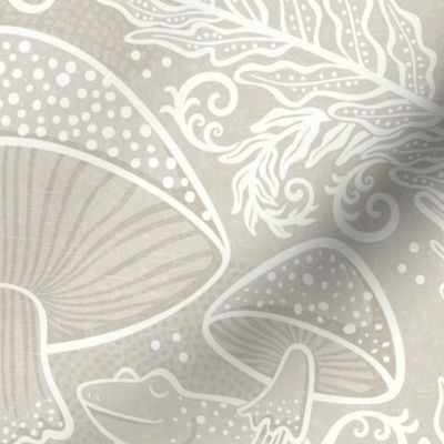 Frogs and Mushrooms Damask- Magic Forest- Ferns- Snails- Toads- Cottagecore- Arts and Crafts- Victorian- Hollywood Regency- Soft Light Beige- Light Neutral Earth Tones- Large