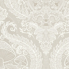 Frogs and Mushrooms Damask- Magic Forest- Ferns- Snails- Toads- Cottagecore- Arts and Crafts- Victorian- Hollywood Regency- Soft Light Beige- Light Neutral Earth Tones- Large