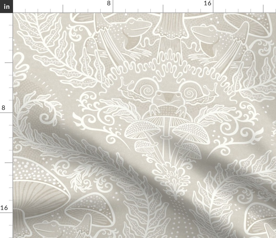 Frogs and Mushrooms Damask- Magic Forest- Ferns- Snails- Toads- Cottagecore- Arts and Crafts- Victorian- Hollywood Regency- Soft Light Beige- Light Neutral Earth Tones- Large