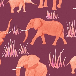 Elephant Safari African Animal Print Red On Burgundy