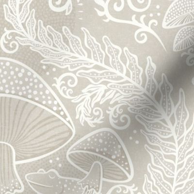 Frogs and Mushrooms Damask- Magic Forest- Ferns- Snails- Toads- Cottagecore- Arts and Crafts- Victorian- Hollywood Regency- Soft Light Beige- Light Neutral Earth Tones- Medium