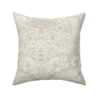 Frogs and Mushrooms Damask- Magic Forest- Ferns- Snails- Toads- Cottagecore- Arts and Crafts- Victorian- Hollywood Regency- Soft Light Beige- Light Neutral Earth Tones- Medium