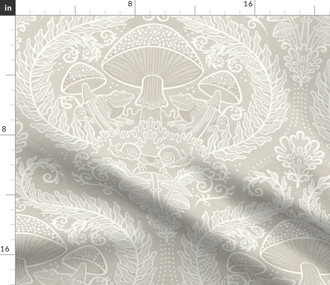 Frogs and Mushrooms Damask- Magic Forest- Ferns- Snails- Toads- Cottagecore- Arts and Crafts- Victorian- Hollywood Regency- Soft Light Beige- Light Neutral Earth Tones- Medium