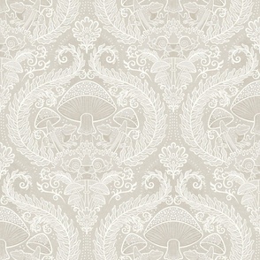 Frogs and Mushrooms Damask- Magic Forest- Ferns- Snails- Toads- Cottagecore- Arts and Crafts- Victorian- Hollywood Regency- Soft Light Beige- Light Neutral Earth Tones- Small