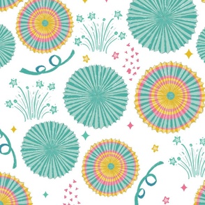 Party Fiesta Paper Fans in Teal green and rainbow