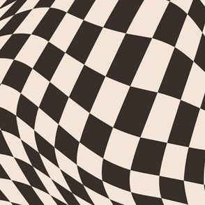 Black and off white warped, distorted check, wavy checkered design, groovy psychedelic checkerboard  