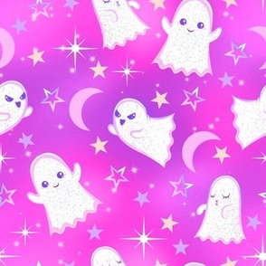Kawaii Pastel Goth Flying Glittery Ghosts With Stars, Moons, and Sparkles - Pink Colorway