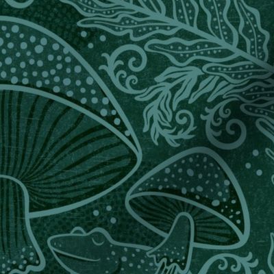 Frogs and Mushrooms Damask- Magic Forest- Ferns- Snails- Toads- Cottagecore- Arts and Crafts- Victorian- Hollywood Regency- Pine Green and Mint Green- DarkTeal Green- Large
