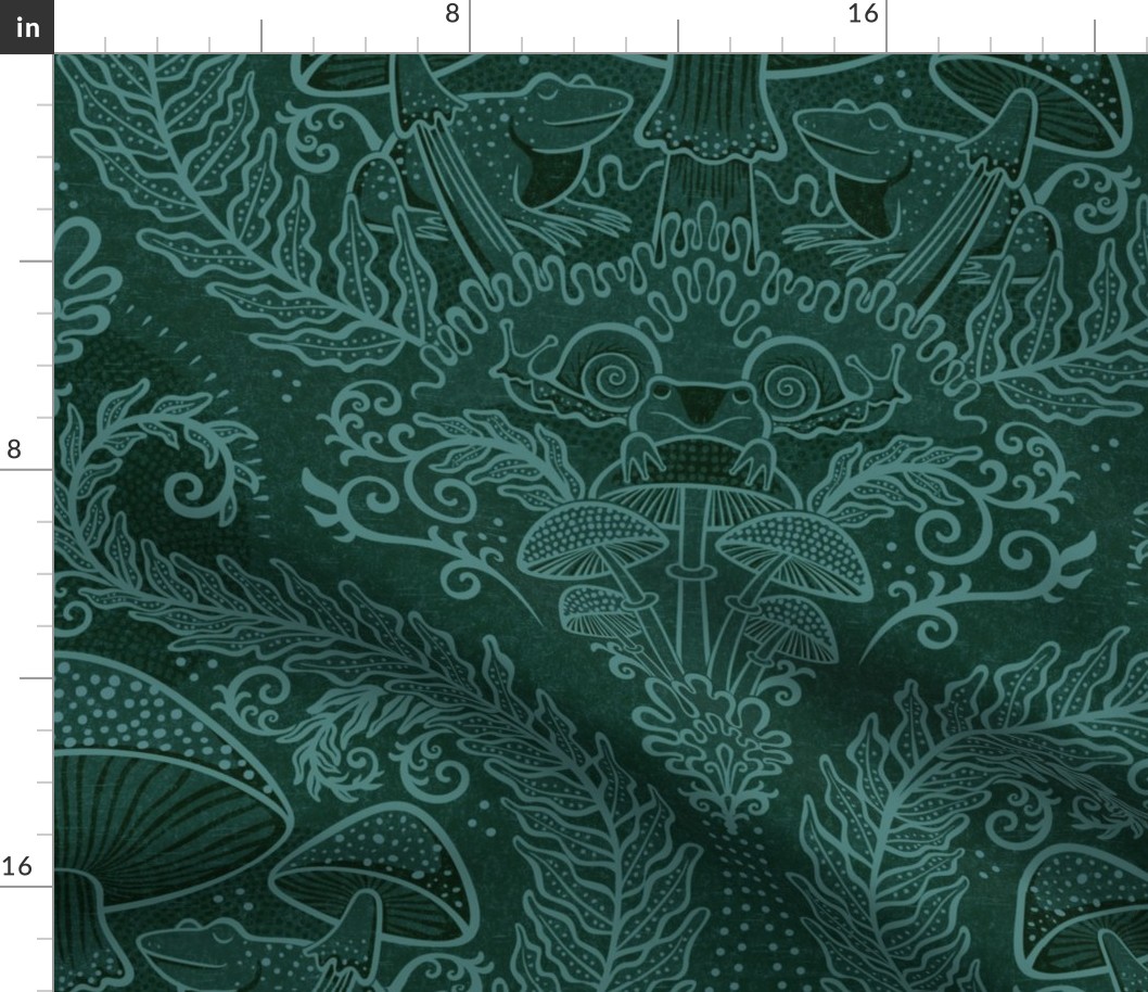 Frogs and Mushrooms Damask- Magic Forest- Ferns- Snails- Toads- Cottagecore- Arts and Crafts- Victorian- Hollywood Regency- Pine Green and Mint Green- DarkTeal Green- Large
