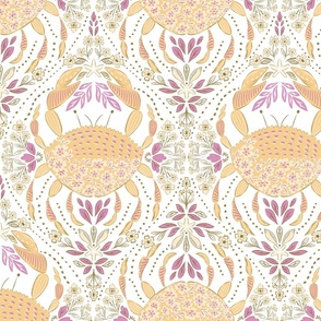 Light Amber Crabs - Seaside Serenade - Decorative Damask Ocean blossoms and Crab