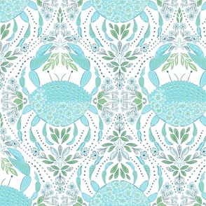 Turquoise Crabs - Seaside Serenade - Decorative  Damask Ocean blossoms and Crab