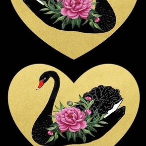 black swan with pink peony on gold heart 