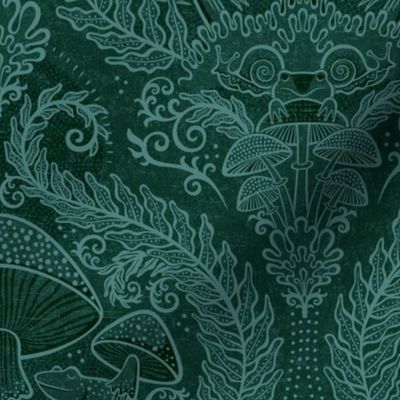 Frogs and Mushrooms Damask- Magic Forest- Ferns- Snails- Toads- Cottagecore- Arts and Crafts- Victorian- Hollywood Regency- Pine Green and Mint Green- DarkTeal Green- Small