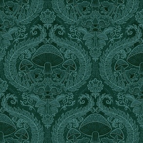 Frogs and Mushrooms Damask- Magic Forest- Ferns- Snails- Toads- Cottagecore- Arts and Crafts- Victorian- Hollywood Regency- Pine Green and Mint Green- DarkTeal Green- Small