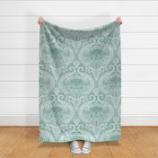 Frogs and Mushrooms Damask- Magic Forest- Ferns- Snails- Toads- Cottagecore- Arts and Crafts- Victorian- Hollywood Regency- Mint Green- Light Teal Green- Soft Pastel Green- Large