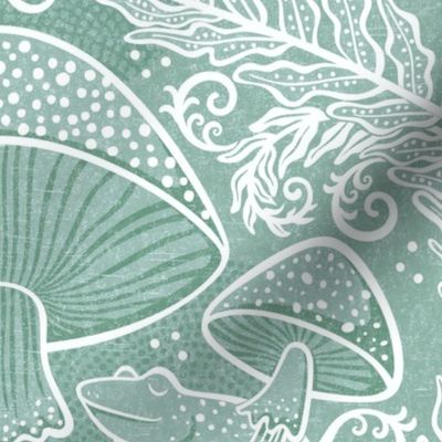 Frogs and Mushrooms Damask- Magic Forest- Ferns- Snails- Toads- Cottagecore- Arts and Crafts- Victorian- Hollywood Regency- Mint Green- Light Teal Green- Soft Pastel Green- Large