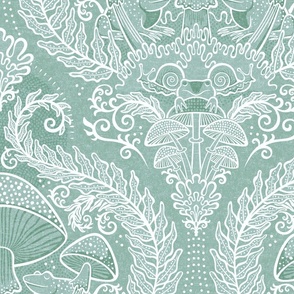 Frogs and Mushrooms Damask- Magic Forest- Ferns- Snails- Toads- Cottagecore- Arts and Crafts- Victorian- Hollywood Regency- Mint Green- Light Teal Green- Soft Pastel Green- Large