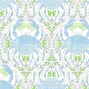 Baby Blue Crabs - Seaside Serenade - Decorative Damask Ocean blossoms and Crab