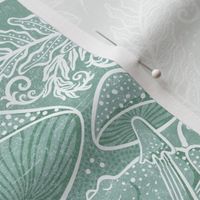 Frogs and Mushrooms Damask- Magic Forest- Ferns- Snails- Toads- Cottagecore- Arts and Crafts- Victorian- Hollywood Regency- Mint Green- Light Teal Green- Soft Pastel Green- Small
