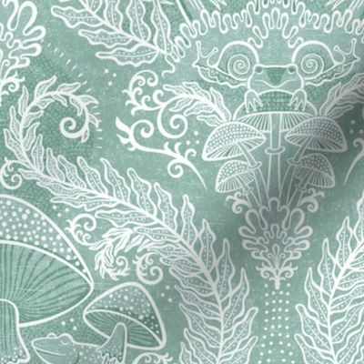 Frogs and Mushrooms Damask- Magic Forest- Ferns- Snails- Toads- Cottagecore- Arts and Crafts- Victorian- Hollywood Regency- Mint Green- Light Teal Green- Soft Pastel Green- Small