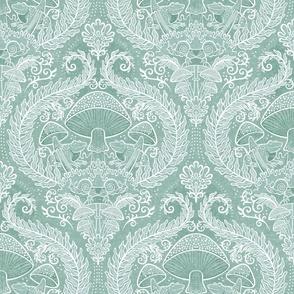 Frogs and Mushrooms Damask- Magic Forest- Ferns- Snails- Toads- Cottagecore- Arts and Crafts- Victorian- Hollywood Regency- Mint Green- Light Teal Green- Soft Pastel Green- Small