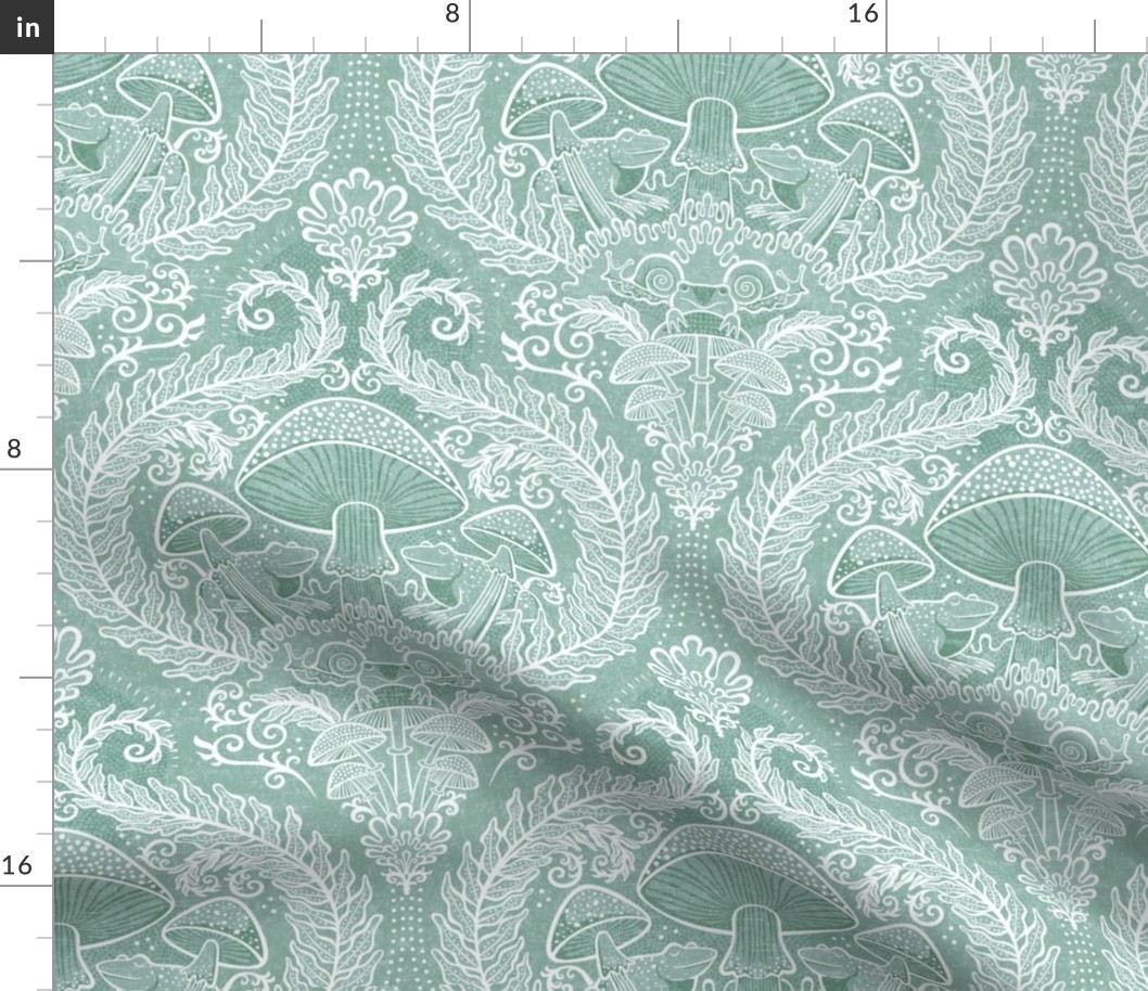 Frogs and Mushrooms Damask- Magic Forest- Ferns- Snails- Toads- Cottagecore- Arts and Crafts- Victorian- Hollywood Regency- Mint Green- Light Teal Green- Soft Pastel Green- Small