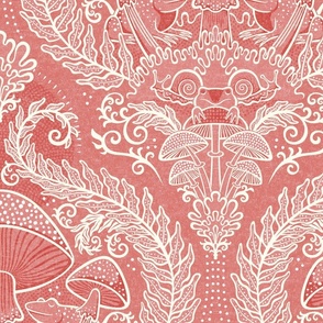 Frogs and Mushrooms Damask- Magic Forest- Ferns- Snails- Toads- Cottagecore- Arts and Crafts- Victorian- Hollywood Regency- Fairytale- Coral Pink- Muted Pink- Large