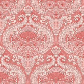 Frogs and Mushrooms Damask- Magic Forest- Ferns- Snails- Toads- Cottagecore- Arts and Crafts- Victorian- Hollywood Regency- Fairytale- Coral Pink- Muted Pink- Small