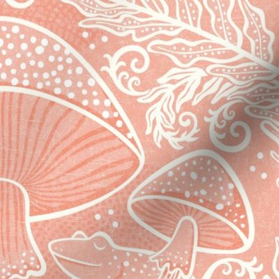 Frogs and Mushrooms Damask- Magic Forest- Ferns- Snails- Toads- Cottagecore- Arts and Crafts- Victorian- Hollywood Regency- Fairytale- Flamingo Pink- Light Coral- Soft Orange- Blush- Large
