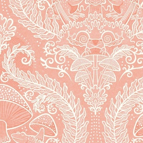 Frogs and Mushrooms Damask- Magic Forest- Ferns- Snails- Toads- Cottagecore- Arts and Crafts- Victorian- Hollywood Regency- Fairytale- Flamingo Pink- Light Coral- Soft Orange- Blush- Large