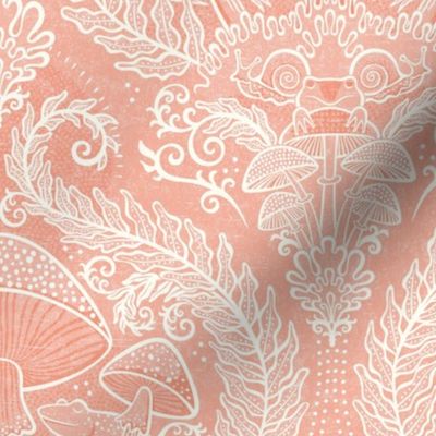 Frogs and Mushrooms Damask- Magic Forest- Ferns- Snails- Toads- Cottagecore- Arts and Crafts- Victorian- Hollywood Regency- Fairytale- Flamingo Pink- Light Coral- Soft Orange- Blush- Small