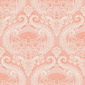 Frogs and Mushrooms Damask- Magic Forest- Ferns- Snails- Toads- Cottagecore- Arts and Crafts- Victorian- Hollywood Regency- Fairytale- Flamingo Pink- Light Coral- Soft Orange- Blush- Small