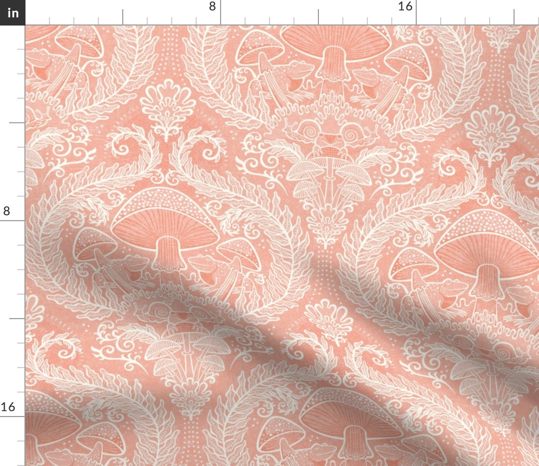 Frogs and Mushrooms Damask- Magic Forest- Ferns- Snails- Toads- Cottagecore- Arts and Crafts- Victorian- Hollywood Regency- Fairytale- Flamingo Pink- Light Coral- Soft Orange- Blush- Small