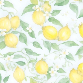 Watercolor Lemons Pattern - Pastel Lemon Leaves & Flowers