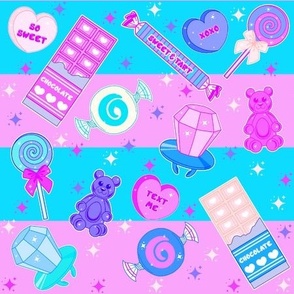 Pastel Kawaii Candy, Sweets and Treats on Pastel Pink and Blue Stripes